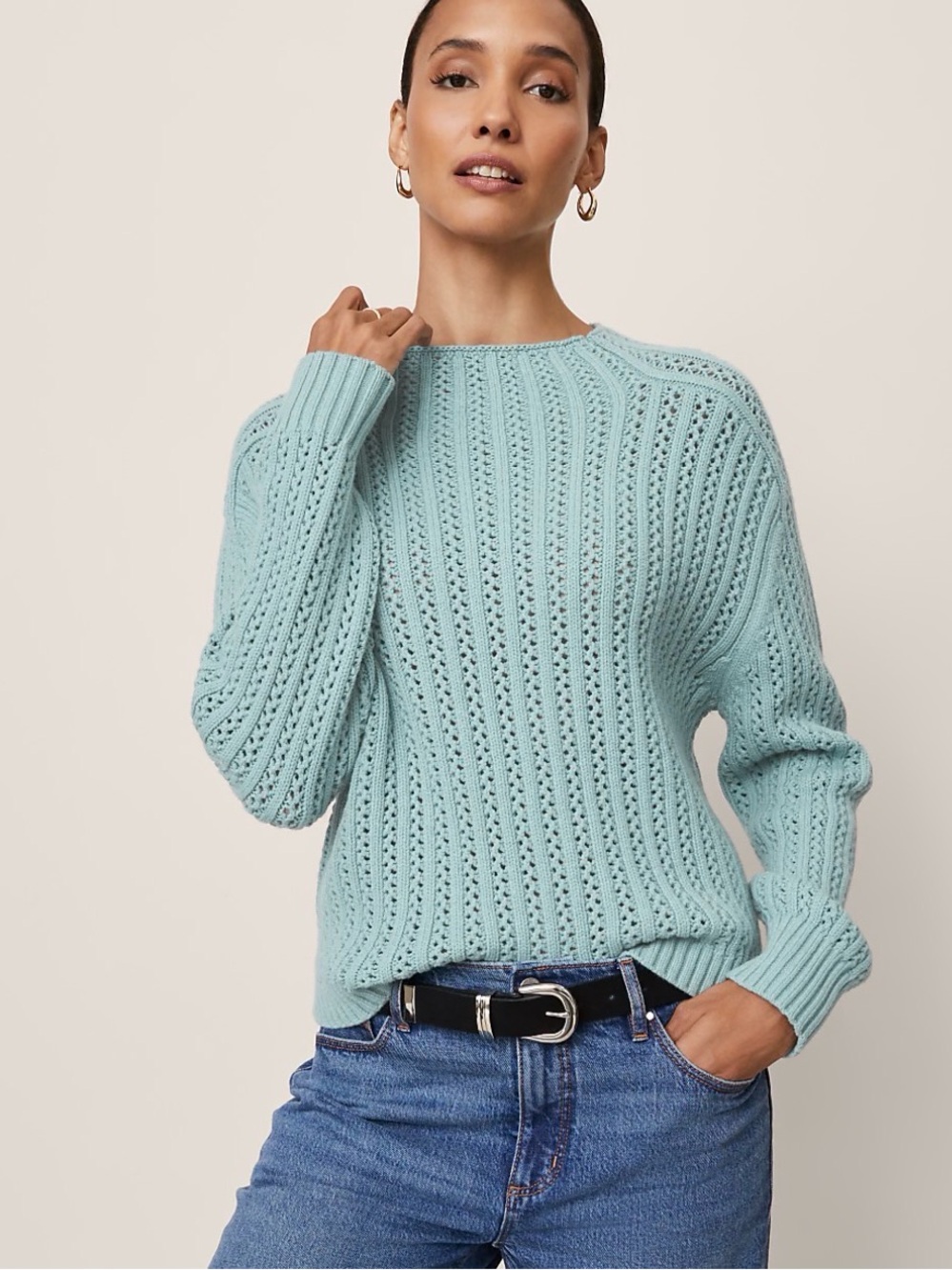 Aritzia Light Aqua Open-Stitch Crewneck Sweater